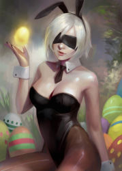 Rule 34 | 1girl, animal ears, bare shoulders, black pantyhose, blindfold, breasts, cleavage, detached collar, easter, easter egg, egg, fake animal ears, leotard, medium breasts, nail polish, necktie, nier (series), nier:automata, pantyhose, phamoz, playboy bunny, rabbit ears, short hair, short necktie, silver hair, sitting, smile, solo, wrist cuffs, 2b (nier:automata)
