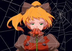 Rule 34 | 1girl, absurdres, black background, blonde hair, bow, female focus, flower, green eyes, hair bow, highres, kurodani yamame, mtmy, plant, ponytail, silk, solo, spider lily, spider web, touhou, upper body