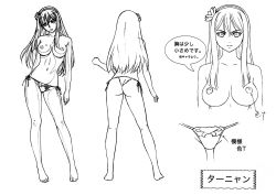 Rule 34 | 10s, 1girl, absurdres, ass, bare legs, barefoot, breasts, character sheet, close-up, female focus, hair ornament, hairband, highres, large breasts, long hair, monochrome, multiple views, navel, nipples, official art, panties, panties only, queen&#039;s blade, queen&#039;s blade rebellion, side-tie panties, skin tight, skindentation, solo, tarnyang (queen&#039;s blade), thong, topless, translation request, underwear, white background
