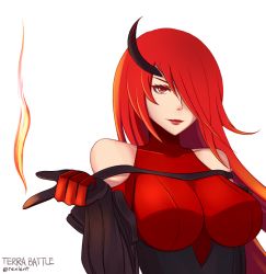 Rule 34 | 1girl, daiana (terra battle), fire, long hair, looking at viewer, red eyes, red hair, rexlent, simple background, solo, terra battle