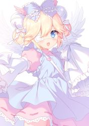 Rule 34 | 1girl, :d, absurdres, apron, bell, blonde hair, blue apron, blue bow, blue eyes, bow, collared dress, commentary request, commission, cutesu (cutesuu), double bun, dress, eyepatch, feathered wings, frilled apron, frilled bow, frilled sleeves, frills, hair bell, hair between eyes, hair bow, hair bun, hair ornament, has bad revision, has downscaled revision, highres, jingle bell, layered sleeves, long sleeves, looking at viewer, md5 mismatch, medical eyepatch, open mouth, original, pink dress, pixiv commission, puffy short sleeves, puffy sleeves, resolution mismatch, sacraneco, short over long sleeves, short sleeves, simple background, sleeves past fingers, sleeves past wrists, smile, solo, source smaller, white background, white wings, wings