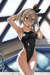 Rule 34 | 1girl, bea (pokemon), black one-piece swimsuit, breasts, collarbone, commentary request, competition swimsuit, covered erect nipples, covered navel, cowboy shot, creatures (company), dark-skinned female, dark skin, game freak, grey eyes, grey hair, gym leader, hairband, highleg, highleg leotard, highres, indoors, korean commentary, leotard, looking at viewer, medium breasts, nintendo, one-piece swimsuit, pokemon, pokemon swsh, pool, pool ladder, rei no pool, short hair, solo, standing, swimsuit, thick eyebrows, towel, wet, wet clothes, wet swimsuit, white towel, yanuk