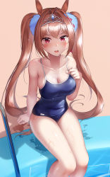 Rule 34 | 1girl, animal ears, bare arms, bare shoulders, blue one-piece swimsuit, blush, breasts, brown hair, cleavage, collarbone, competition school swimsuit, daiwa scarlet (umamusume), day, fang, hand on own chest, highres, horse ears, large breasts, long hair, looking at viewer, one-piece swimsuit, open mouth, outdoors, pool ladder, poolside, red eyes, school swimsuit, shirosaba, sitting, skin fang, soaking feet, solo, swimsuit, thighs, tiara, twintails, umamusume, v-shaped eyebrows, very long hair, water, wet