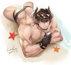 Rule 34 | 1boy, absurdres, anjingkuxiao, ass, bara, barawa, brown eyes, brown hair, butt crack, draph, erection, facial hair, gloves, goatee, granblue fantasy, hat, highres, horns, jockstrap, large pectorals, looking at viewer, lying, male focus, male underwear, manly, muscular, on stomach, pectorals, penis, pointy ears, simple background, smile, smoking pipe, solo, starfish, testicles, underwear