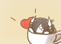 Rule 34 | 1girl, august von parseval (azur lane), azur lane, black hair, box, chibi, cup, curled horns, hair over one eye, hairband, heart, heart-shaped box, holding, holding box, horns, in container, in cup, koti, long hair, mechanical horns, simple background, solo, white hairband, yellow background