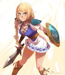 Rule 34 | 1girl, angry, blonde hair, blue eyes, braid, breasts, cleavage, gladiator sandals, jpeg artifacts, large breasts, sandals, shield, solo, sophitia alexandra, soul calibur, soulcalibur, soulcalibur ii, sword, thighs, weapon, xaxaxa