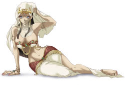 Rule 34 | 1girl, anklet, arm support, artist request, barefoot, barefoot sandals (jewelry), black hair, blue eyes, breasts, curvy, dark-skinned female, dark skin, egyptian, eyeshadow, feet, fingernails, hip focus, huge breasts, ishizu ishtar, jewelry, large breasts, leaning, long fingernails, long hair, lying, makeup, midriff, nail, nail polish, on side, pink nails, sandals, smile, solo, toe ring, toes, veil, wide hips, yu-gi-oh!, yu-gi-oh! duel monsters
