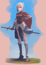 Rule 34 | 1girl, absurdres, armor, armored boots, blue eyes, boots, breasts, cape, closed mouth, dress, full body, gauntlets, gloves, grey hair, hair between eyes, highres, holding, holding sword, holding weapon, knee boots, long sleeves, looking at viewer, lovetigerfish, medium breasts, original, outdoors, ponytail, sheath, short hair, sidelocks, sky, solo, standing, sword, tachi-e, thighhighs, weapon, white hair, white thighhighs