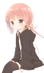 Rule 34 | 1boy, ayanepuna, black jacket, black ribbon, black skirt, black thighhighs, blunt bangs, blush, bow, braid, brown bow, brown eyes, closed mouth, collared shirt, commentary request, crossdressing, feet out of frame, hair bow, hair ornament, hairclip, highres, hood, hood down, hooded jacket, jacket, long hair, long sleeves, low twintails, neck ribbon, nono (ayanepuna), open clothes, open jacket, original, pink hair, pleated skirt, ribbon, shirt, simple background, sitting, skirt, sleeves past wrists, smile, solo, thighhighs, trap, twintails, very long hair, white background, white shirt, wide sleeves