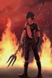 Rule 34 | 10s, 1boy, bad id, bad pixiv id, black hair, black pants, black shirt, boots, capri pants, final fantasy, final fantasy xv, fingerless gloves, fire, gloves, glowing, glowing eyes, male focus, noctis lucis caelum, pants, polearm, red eyes, shirt, single glove, solo, standing, t-shirt, torn clothes, torn shirt, trident, weapon, yunelala