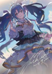 Rule 34 | 1girl, 39, backlighting, blue dress, blue eyes, blue hair, blue sky, bow, commentary, crown, dated, detached sleeves, dress, earrings, glint, green bow, hair ribbon, hatsune miku, highres, hoop earrings, jewelry, long sleeves, looking at viewer, multicolored clothes, multicolored dress, project sekai, purple bow, ribbon, sidelocks, signature, sky, smile, solo, tsuiru, twintails, vocaloid, white dress, white ribbon