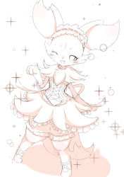Rule 34 | 1girl, :3, animal ear fluff, animal ears, animal hands, bloomers, blush, body fur, braixen, clothed pokemon, corset, creatures (company), dress, dutch angle, elbow gloves, fang, female focus, flat chest, flower, fox ears, fox girl, fox tail, frilled dress, frilled gloves, frilled hairband, frills, furry, furry female, game freak, gen 6 pokemon, gloves, hair flower, hair ornament, hairband, hand up, happy, kajiura, legs apart, looking at viewer, magical girl, monochrome, nintendo, one eye closed, open mouth, pokemon, pokemon (creature), ribbon, shoes, short dress, simple background, sketch, smile, solo, sparkle, tail, underwear, white background, wink