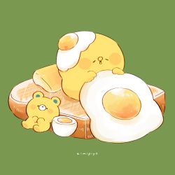 Rule 34 | artist name, bear, bird, blush stickers, bread, bread slice, butter, character name, chick, chicken, closed eyes, commentary, egg (food), english text, food, food on head, green background, hardboiled egg, highres, holding, holding food, kimipiyo (tenmiyakiyo), kumago (tenmiyakiyo), no humans, object on head, on food, original, oversized food, oversized object, signature, simple background, sitting, symbol-only commentary, tenmiyakiyo