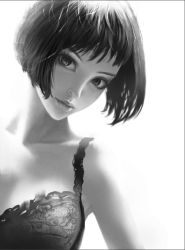 Rule 34 | 1girl, bare shoulders, black bra, bob cut, bra, collarbone, commentary request, eyelashes, eyeliner, greyscale, head tilt, lace, lace-trimmed bra, lace bra, lace trim, light smile, lips, lipstick, looking at viewer, makeup, monochrome, nose, original, parted lips, short hair, simple background, solo, underwear, upper body, wang chen, white background