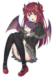 Rule 34 | 1girl, black shirt, blue eyes, blush, capelet, clothes between thighs, commentary, crescent, crescent hair ornament, demon girl, demon horns, demon wings, doll, fang, fuji noyume, full body, grey skirt, gundou mirei, hair ornament, heterochromia, highres, holding, holding doll, horns, layered skirt, long hair, long sleeves, looking at viewer, miniskirt, nijisanji, open mouth, purple hair, red eyes, red footwear, red hair, shirt, sitting, skin fang, skirt, solo, thighhighs, two side up, virtual youtuber, wings, yuzuki roa, zettai ryouiki