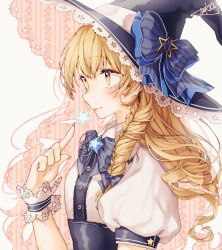 Rule 34 | 1girl, blouse, blush, bow, bowtie, braid, brooch, closed mouth, dress shirt, frills, from side, hair bow, hat, hat bow, highres, jewelry, kirisame marisa, long hair, looking away, mokokiyo (asaddr), profile, puffy short sleeves, puffy sleeves, shirt, short sleeves, side braid, smile, solo, touhou, upper body, white shirt, witch hat, wrist cuffs, yellow eyes