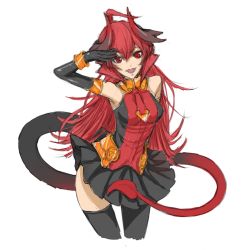 Rule 34 | 1girl, ahoge, armlet, armor, armored dress, bracelet, breasts, demon girl, demon tail, dress, elbow gloves, gloves, horns, huge ahoge, jewelry, long hair, maou beluzel, open mouth, original, pleated skirt, red eyes, red hair, salute, skirt, solo, tail, task (artist), thighhighs, yuusha to maou