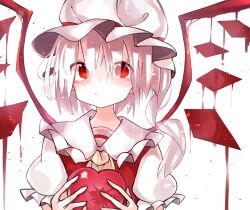 Rule 34 | 1girl, ascot, closed mouth, collared shirt, expressionless, flandre scarlet, frilled shirt collar, frilled sleeves, frills, hat, heart, highres, holding, holding heart, limited palette, medium hair, mob cap, nacht musik, one side up, puffy short sleeves, puffy sleeves, red eyes, red vest, shirt, short sleeves, simple background, solo, touhou, vest, white background, white hat, white shirt, wings, yellow ascot