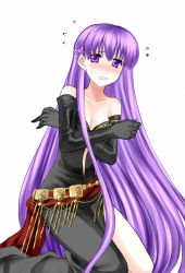 Rule 34 | 1girl, 74, bare shoulders, belly chain, blush, breasts, cleavage, covering privates, dress, elbow gloves, embarrassed, fire emblem, fire emblem: the binding blade, flying sweatdrops, gloves, jewelry, kneeling, long hair, nintendo, purple eyes, purple hair, sash, side slit, solo, sophia (fire emblem), strapless, strapless dress, sweat, very long hair