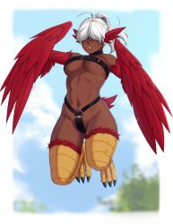 Rule 34 | 1girl, 2018, ahoge, artist name, bare shoulders, belt bra, blue sky, blurry, blurry background, breasts, collar, commentary, commission, dark skin, dark-skinned female, day, english commentary, facing viewer, feathered wings, full body, hair over eyes, harpy, highres, large breasts, medium hair, monster girl, navel, original, outdoors, parted lips, ponytail, razalor, red wings, sky, solo, talons, underboob, white hair, winged arms, wings