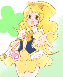 Rule 34 | 10s, 1girl, arakawa tarou, blonde hair, blush, cure honey, earrings, eyelashes, happinesscharge precure!, happy, highres, jewelry, long hair, looking at viewer, magical girl, oomori yuuko, open mouth, precure, puffy sleeves, shirt, skirt, smile, solo, vest, wrist cuffs, yellow eyes, yellow skirt