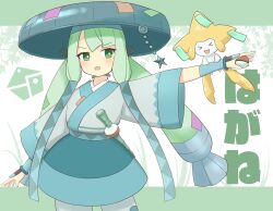 Rule 34 | 1girl, :d, absurdres, blush, bright pupils, commentary request, cowboy shot, creatures (company), game freak, gen 3 pokemon, green eyes, green hair, hat, hatsune miku, highres, holding, holding poke ball, japanese clothes, jirachi, kimono, large hat, legendary pokemon, long hair, mythical pokemon, nintendo, open mouth, outstretched arm, poke ball, poke ball (basic), pokemon, pokemon (creature), pokemon on arm, project voltage, shonasan, smile, steel miku (project voltage), twintails, vocaloid, white background, wide sleeves, wristband