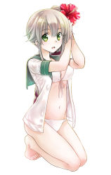 Rule 34 | 1girl, barefoot, bikini, breasts, cleavage, commentary request, flower, front-tie top, full body, green eyes, green sailor collar, hair flower, hair ornament, hibiscus, kantai collection, kneeling, kusakabe rei, long hair, looking at viewer, medium breasts, no pants, open clothes, open mouth, sailor collar, school uniform, serafuku, side ponytail, silver hair, simple background, solo, swimsuit, tying hair, very long hair, white background, white bikini, yura (kancolle)