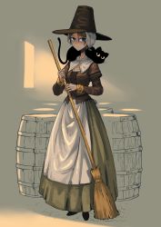 Rule 34 | 1girl, absurdres, animal, barrel, breasts, broom, brown eyes, brown hair, cat, commentary, english commentary, erica (naze1940), full body, hat, highres, holding, holding broom, long skirt, looking at viewer, original, skirt, solo