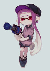 Rule 34 | 1girl, absurdres, baseball cap, bike shorts, black footwear, black hat, black shirt, black shorts, blunt bangs, blush, boots, closed mouth, collared shirt, commentary request, drawstring, ear piercing, full body, grey background, gun, h-3 nozzlenose (splatoon), hat, highres, holding, holding gun, holding weapon, hood, hood down, hoodie, inkling, inkling girl, inkling player character, long hair, long sleeves, looking at viewer, mole, mole under eye, nintendo, piercing, pointy ears, polka dot, polka dot shirt, purple hair, purple hoodie, red eyes, sahata saba, shirt, short eyebrows, short shorts, shorts, sidelocks, signature, simple background, sleeves rolled up, solo, splatoon (series), standing, suction cups, tentacle hair, thick eyebrows, weapon