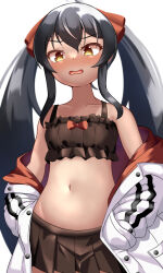 Rule 34 | 1girl, absurdres, bikini, bikini skirt, black bikini, black hair, blush, breasts, collarbone, highres, idolmaster, idolmaster cinderella girls, jacket, jacket partially removed, looking at viewer, matoba risa, multicolored clothes, multicolored jacket, navel, petite, pleated skirt, reij dddn, simple background, skirt, small breasts, solo, stomach, swimsuit, tan, twintails, two-tone jacket, white background