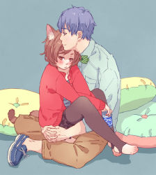 Rule 34 | 1boy, 1girl, alcohol, alternate costume, animal ears, bad id, bad pixiv id, between legs, black legwear, blue background, blue footwear, blue shirt, blush, bow, bowtie, brown hair, brown pants, cardigan, casual, cat ears, cat tail, closed mouth, collared shirt, commentary request, dress shirt, drink, eyebrows, frills, full body, green bow, green bowtie, hand between legs, hetero, holding, interlocked fingers, kaito (vocaloid), kemonomimi mode, long sleeves, meiko (vocaloid), nail polish, no shoes, one cup, open cardigan, open clothes, own hands together, pants, pillow, pood1e, pout, profile, red eyes, red nails, shade, shirt, shoes, short hair, simple background, sitting, sitting on lap, sitting on person, smile, striped bow, striped bowtie, striped clothes, striped neckwear, swept bangs, tail, toeless legwear, toes, vocaloid