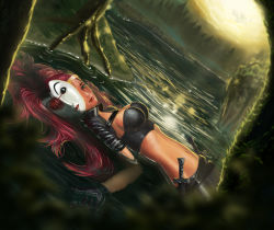 Rule 34 | 1girl, absurdres, belt, breasts, crop top, dagger, gasssss, gloves, green eyes, headband, highres, katarina (league of legends), knife, league of legends, liandry&#039;s torment, lips, long hair, lying, mask, midriff, navel, partially submerged, popped collar, red hair, scar, solo, tree, water, weapon