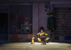 Rule 34 | 1girl, black hair, boots, box, building, cat, cyborg, donation box, door, handpan, hangdrum, hat, highres, hologram, holographic interface, indian style, jacket, long hair, mag (huangmag), md5 mismatch, mechanical legs, musical instrument, off shoulder, on ground, open clothes, open jacket, orange cat, original, outdoors, poncho, prosthesis, prosthetic leg, purple eyes, resolution mismatch, rice hat, road, robot, single boot, single mechanical leg, sitting, source smaller, sticker, stray (game), street, tank top, vent, window, yellow jacket
