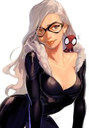 Rule 34 | 1girl, black cat (marvel), bodysuit, breasts, chibi, cleavage, felicia hardy, fur trim, green eyes, leaning forward, long hair, looking at viewer, marvel, mask, realistic, shishio (shishio5431), simple background, skin tight, smile, spider-man, spider-man (series), toned, wavy hair, white background, white hair