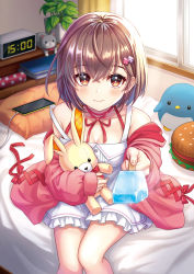 Rule 34 | 1girl, bed, blurry, blush, book, breasts, bright pupils, brown eyes, brown hair, burger, cellphone, charging device, choker, clock, closed mouth, commentary request, cross-laced clothes, day, depth of field, digital clock, dress, feeding, food, hair ornament, hairclip, highres, holding, holding food, holding stuffed toy, incoming food, indoors, jacket, long sleeves, looking at viewer, medium breasts, nail polish, off shoulder, original, phone, pillow, pink jacket, piroshiki (piroshiki13), plant, popsicle, potted plant, pov feeding, ribbon choker, short dress, short hair, sitting, sleeves past wrists, smartphone, smile, solo, strap slip, stuffed animal, stuffed rabbit, stuffed cat, stuffed penguin, stuffed toy, white dress, white pupils, window, yellow nails