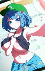Rule 34 | 1girl, blue eyes, blue hair, blue shirt, breasts, hat, highres, kawashiro nitori, large breasts, medium hair, pepelonthi, selfie, shirt, short twintails, sidelocks, solo, touhou, twintails, two side up, underboob