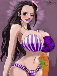 Rule 34 | 1girl, ass, bikini, black hair, breasts, cleavage, earrings, gmotida, huge breasts, jewelry, large breasts, long hair, one eye closed, one piece, smile, solo, swimsuit, viola (one piece)