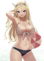 Rule 34 | 1girl, ball, bare arms, bare legs, bare shoulders, beachball, bikini, black bikini bottom, blonde hair, blue eyes, breasts, cleavage, collarbone, cowboy shot, headgear, holding, holding ball, holding beachball, kantai collection, large breasts, long hair, navel, nelson (kancolle), one-hour drawing challenge, open mouth, solo, swimsuit, white bikini, yamashichi (mtseven)