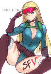 Rule 34 | 1girl, 2016, adjusting goggles, alternate costume, alternate hairstyle, backpack, bag, blonde hair, blue eyes, blue leotard, breasts, cammy white, choker, cleavage, dated, fingerless gloves, gloves, hair down, highres, large breasts, leotard, long hair, long sleeves, looking at viewer, red goggles, solo, street fighter, street fighter v, tetsu (kimuchi), unzipped