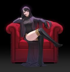 Rule 34 | 1girl, absurdres, black dress, black gloves, black hair, blunt bangs, boots, breasts, cigar, crossed legs, dress, finger to mouth, gloves, gradient background, high heel boots, high heels, highres, jacket, long hair, looking at viewer, medium breasts, mole, mole under eye, open clothes, open jacket, original, purple eyes, reiji-rj, sitting, solo, thigh boots