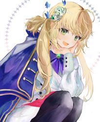 1girl :d absurdres ahoge artoria_caster_(fate) artoria_caster_(second_ascension)_(fate) artoria_pendragon_(fate) blonde_hair blue_bow blush bow bowtie cape commentary_request dress fate/grand_order fate_(series) green_eyes hand_on_own_chin highres long_hair long_sleeves nigiri open_mouth pantyhose simple_background sitting smile solo twintails white_background