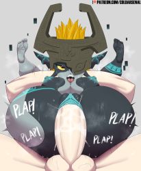 Rule 34 | 1boy, 1girl, absurdres, artist name, ass, blonde hair, breasts, clitoris, coldarsenal, colored sclera, colored skin, fang, full nelson, helmet, hetero, highres, huge ass, interspecies, large breasts, large insertion, legs up, midna, multicolored skin, navel, nintendo, one eye covered, penis, pointy ears, pussy, red eyes, sex, short hair, sitting, sitting on person, size difference, soles, the legend of zelda, the legend of zelda: twilight princess, thick thighs, thighs, two-tone skin, uncensored, vaginal, wide hips, yellow sclera