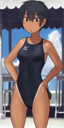Rule 34 | 1girl, androgynous, black eyes, black hair, black one-piece swimsuit, chestnut mouth, clothes writing, competition swimsuit, cowboy shot, dark-skinned female, dark skin, day, hands on own hips, legs apart, lvi, mizuno (brand), one-piece swimsuit, one-piece tan, original, outdoors, short hair, skin tight, solo, standing, swimsuit, tan, tanline, thighs, triangle mouth