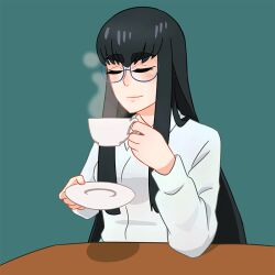 Rule 34 | alternate art style, alternate hair length, alternate hairstyle, animated, animated gif, black hair, break, color connection, commentary, cup, glasses, h0saki, holding, holding cup, kill la kill, kiryuuin satsuki, official alternate costume, relaxing, simple background, solo, solo focus, steam, tea, thick eyebrows