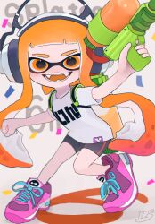 1girl :d arm_up bike_shorts clenched_hand confetti copyright_name fangs full_body gradient_background happy headphones heel_up highres holding holding_weapon ink_tank_(splatoon) inkling inkling_player_character looking_at_viewer mepo_1 nintendo open_mouth orange_eyes orange_hair pink_footwear shirt shoes short_hair_with_long_locks short_sleeves signature smile sneakers solo splatoon_(series) splatoon_1 splattershot_(splatoon) standing t-shirt teeth tentacle_hair weapon white_shirt