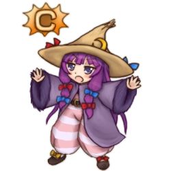 Rule 34 | 1girl, :o, adapted costume, belt, black mage, black mage (fft), black mage (final fantasy), blush, chibi, female focus, final fantasy, final fantasy tactics, full body, hat, hozenkakari, long hair, lowres, pants, patchouli knowledge, purple eyes, purple hair, robe, shoes, simple background, solo, standing, striped clothes, striped pants, touhou, white background, witch hat