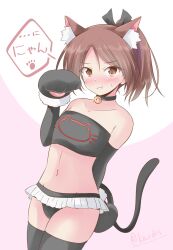 Rule 34 | 1girl, alternate costume, animal ears, animal hands, bell, bikini, black gloves, black thighhighs, brown eyes, brown hair, cat ears, cat tail, elbow gloves, flat chest, frilled bikini, frills, gloves, highres, jingle bell, kantai collection, looking at viewer, medium hair, one-hour drawing challenge, paw gloves, ponytail, shikinami (kancolle), shizuna kaede, solo, swimsuit, tail, thighhighs