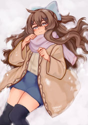Rule 34 | 1girl, ahoge, black thighhighs, blue bow, blue eyes, blue skirt, bow, brown coat, brown hair, closed mouth, coat, commentary, dated, english commentary, hair bow, hair ornament, hairclip, highres, long hair, long sleeves, looking at viewer, miniskirt, open clothes, open coat, original, pink scarf, scarf, signature, skirt, solo, star (symbol), star in eye, symbol in eye, temachii, thighhighs, x hair ornament, zettai ryouiki