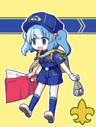Rule 34 | 1girl, alternate costume, aratami isse, backpack, bag, belt, blue eyes, blue hair, fleur-de-lis, hair bobbles, hair ornament, hat, kawashiro nitori, matching hair/eyes, open mouth, rope, scout, scout movement, short hair, shorts, smile, solo, touhou, twintails, two side up, uniform