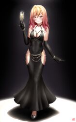 Rule 34 | 1girl, ahoge, alcohol, alternate costume, artist logo, bare shoulders, black background, black dress, black footwear, black gloves, blush, breasts, breasts apart, chain, champagne, champagne flute, closed mouth, commentary, commentary request, cup, dress, drinking glass, earrings, elbow gloves, eyelashes, finalcake, full body, gloves, gold bracelet, gold chain, gradient hair, hair between eyes, hair intakes, halter dress, halterneck, highres, hip vent, holding, holding cup, hololive, hololive dev is, ichijou ririka, jewelry, light particles, long hair, low neckline, medium breasts, meme attire, modakawa dress, multicolored hair, o-ring, orange eyes, orange hair, red hair, ring, shiny skin, simple background, smile, solo, spotlight, standing, taut clothes, taut dress, tight clothes, tight dress, virtual youtuber